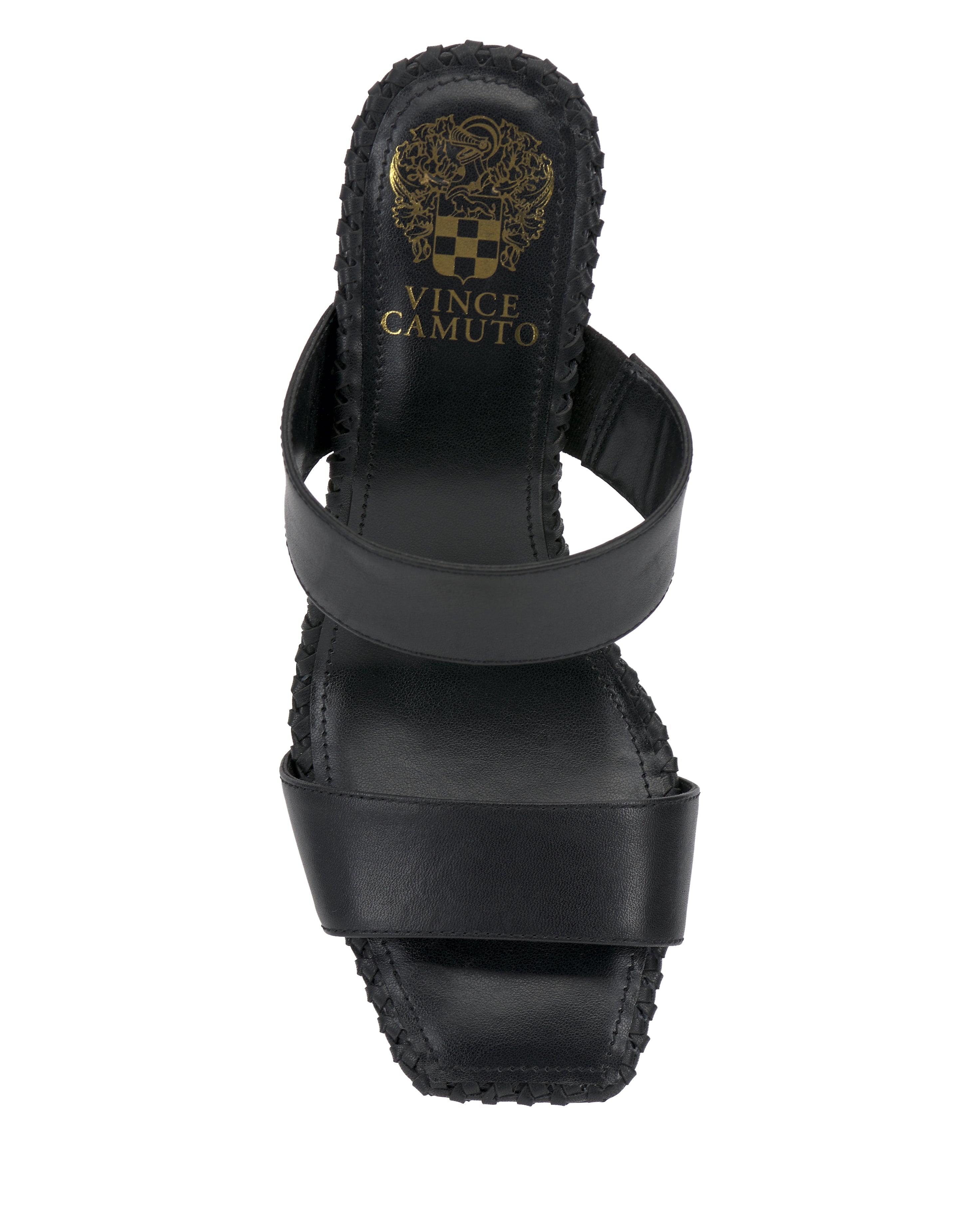 Top view of the Vince Camuto Kaden Mule, a black block heel sandal with two wide leather straps, square toe, and gold brand logo on the insole.