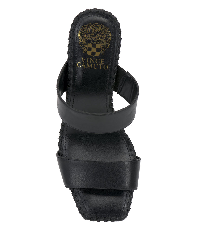 Top view of the Vince Camuto Kaden Mule, a black block heel sandal with two wide leather straps, square toe, and gold brand logo on the insole.