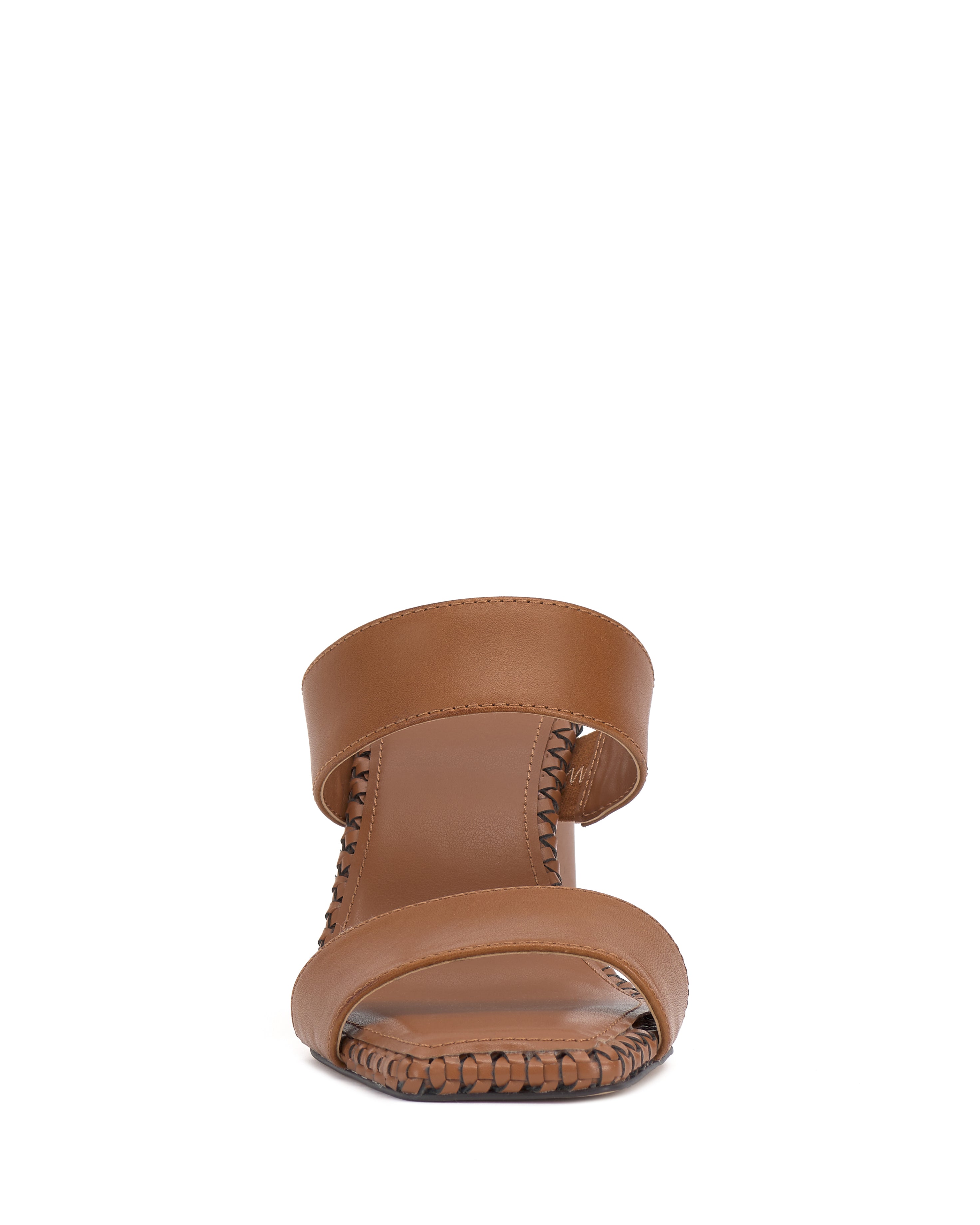 Front view of the Vince Camuto Kaden Mule, a brown block heel sandal with two wide straps, visible stitching on the woven midsole, cushioned flat footbed, and open-toe design.