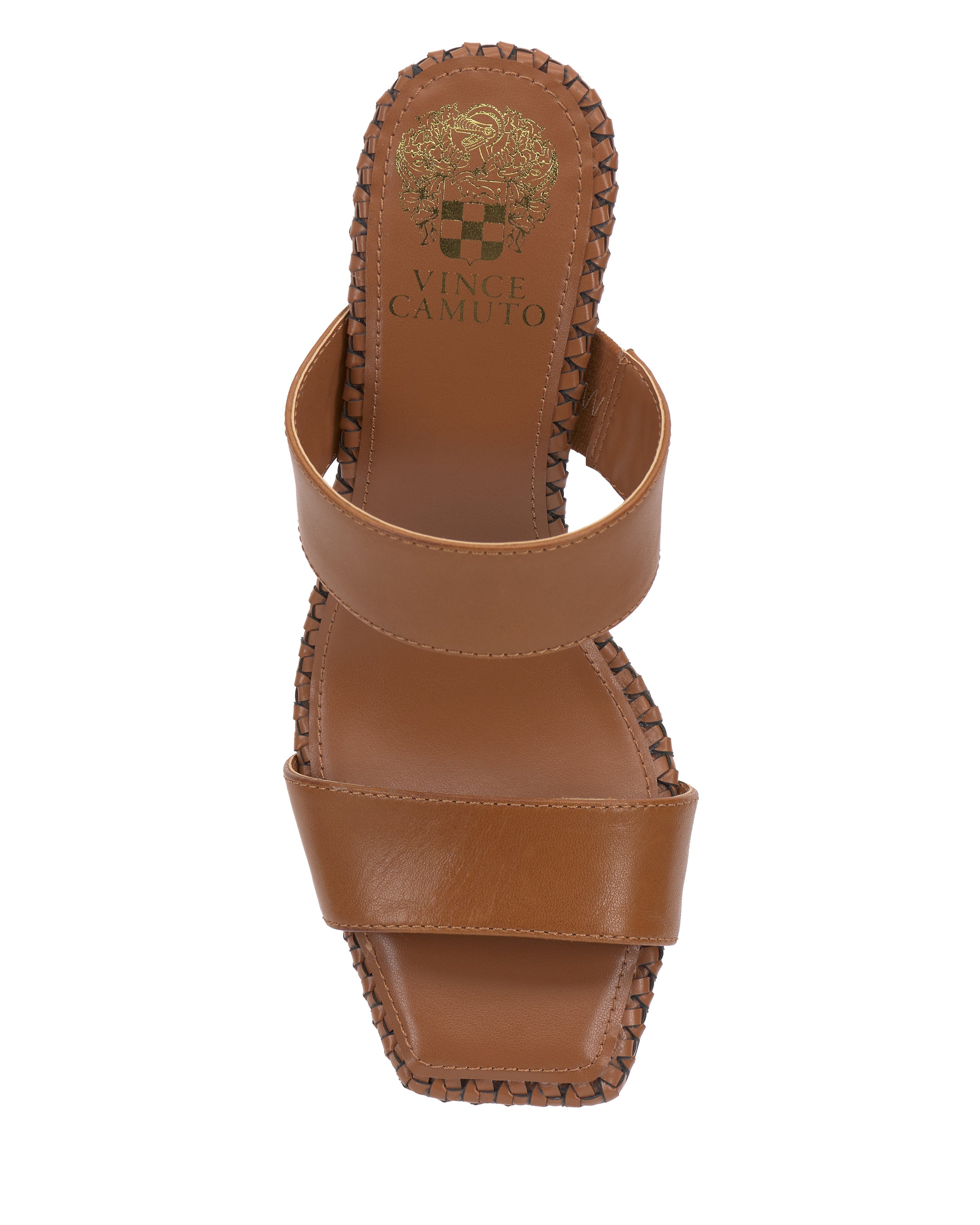 Top view of a brown Vince Camuto Kaden Mule block heel sandal with two wide straps, square toe, stitched sole detailing, and gold Vince Camuto logo on the insole.