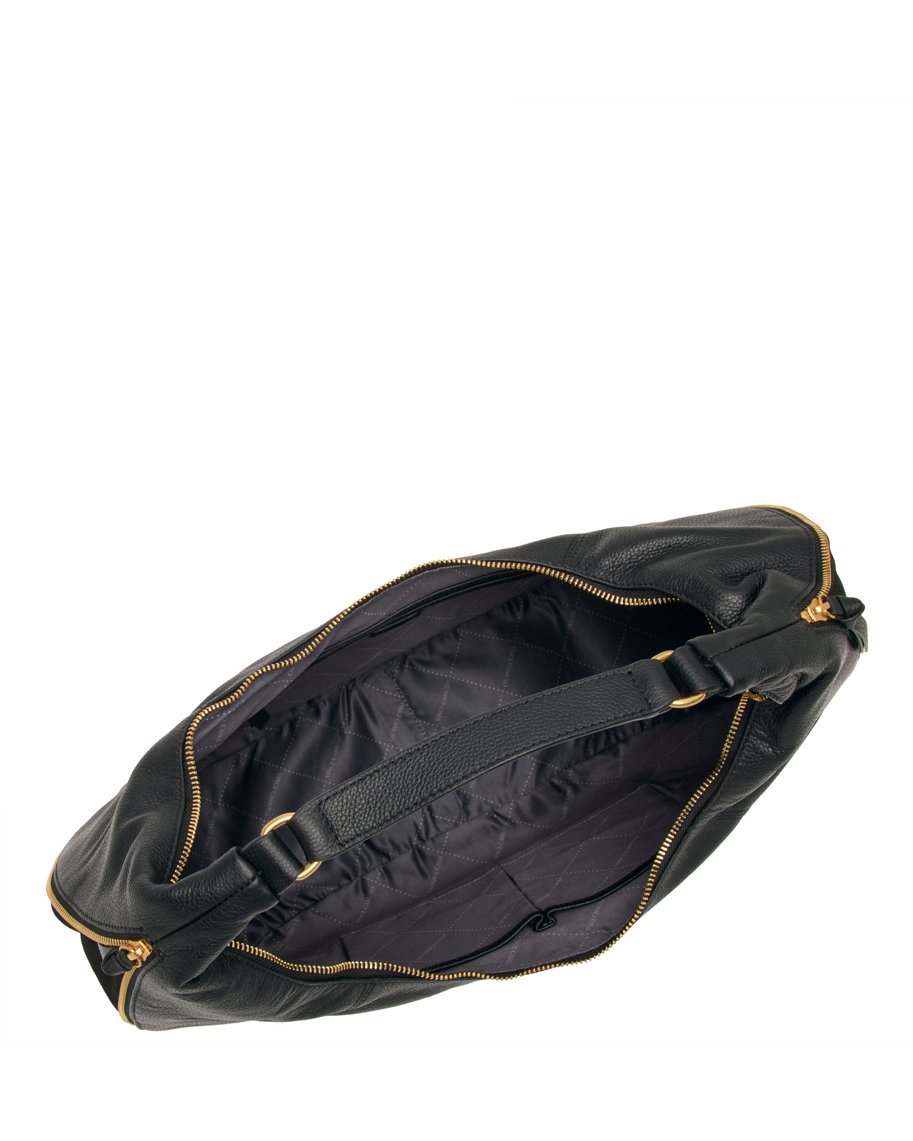 A top view of the Vince Camuto Kaela Hobo Bag, an open black leather shoulder bag with gold zippers, revealing a spacious quilted black interior and inside strap on a white background.