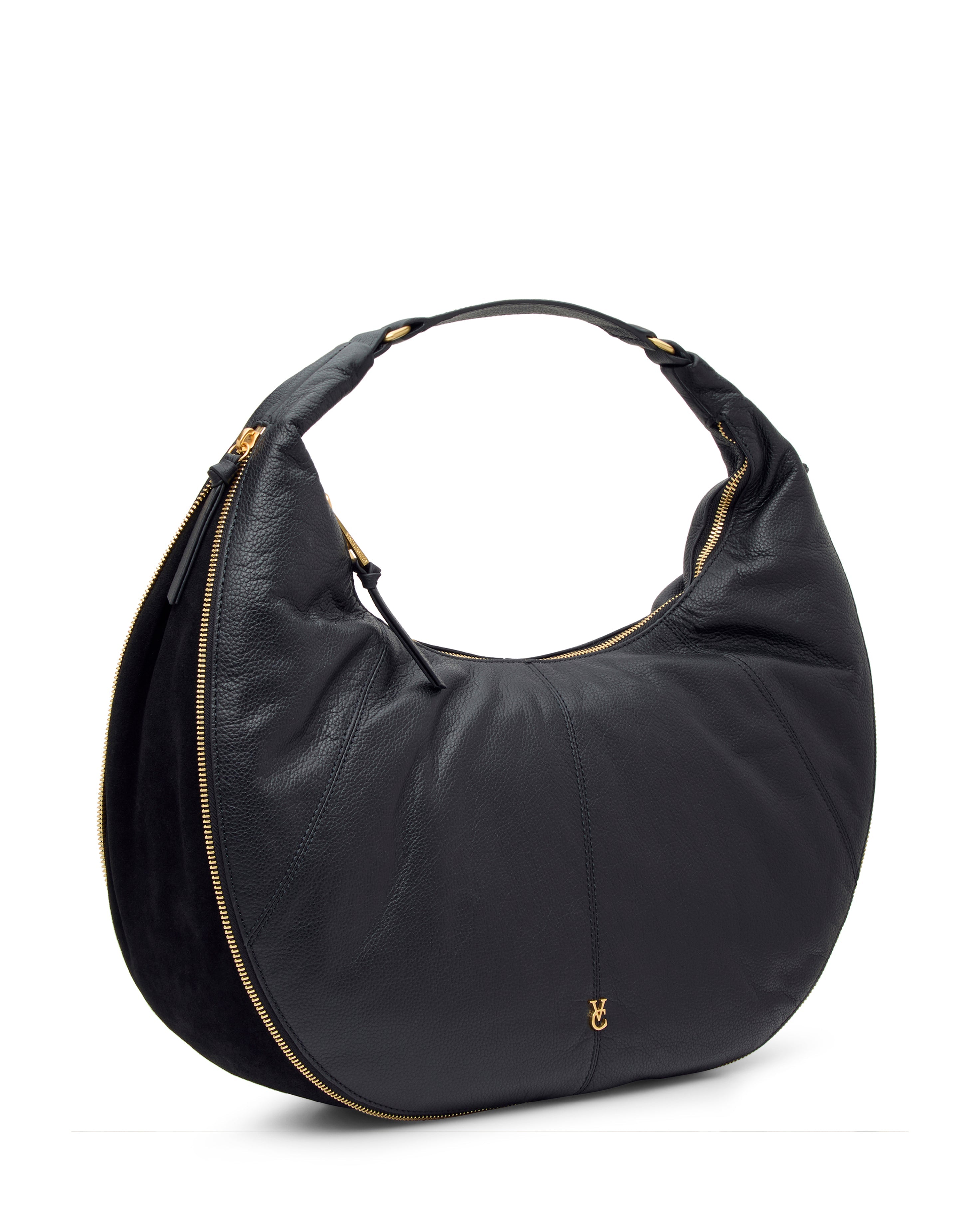 The Vince Camuto Kaela Hobo Bag features a black leather crescent shape, gold zippers, and a curved handle, shown against a white background.