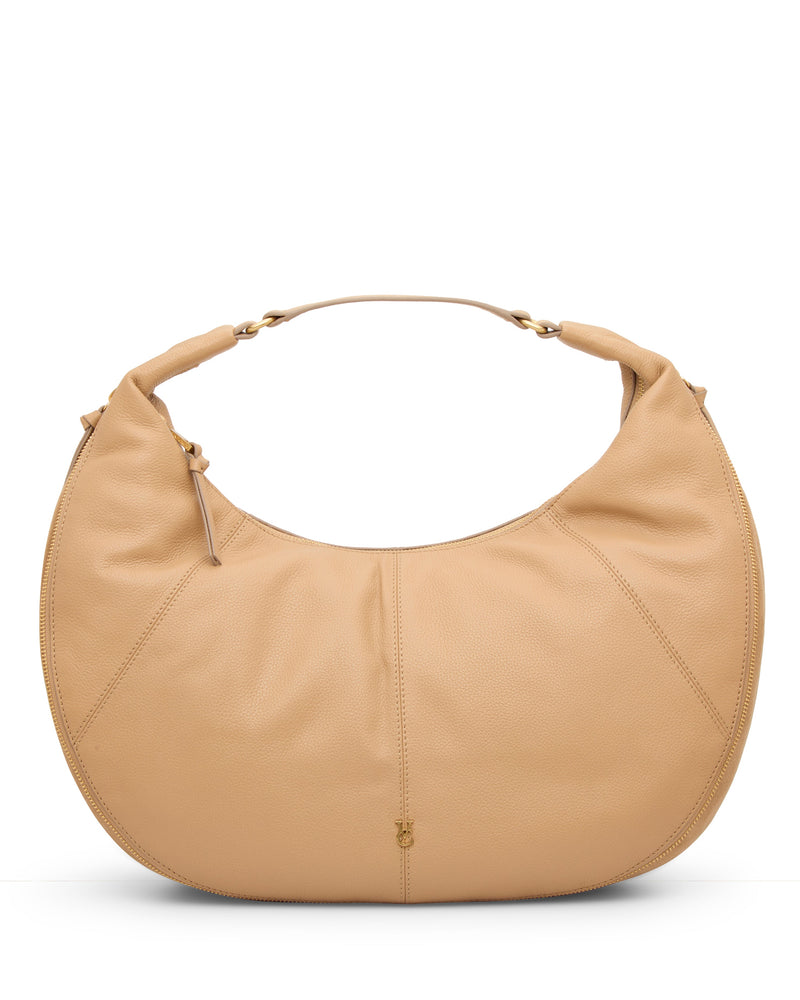 The Vince Camuto Kaela Hobo Bag features a large, crescent shape in beige leather with a rounded top handle and gold hardware accents. Chic and versatile, this shoulder bag is perfect for any occasion, displayed against a white background.