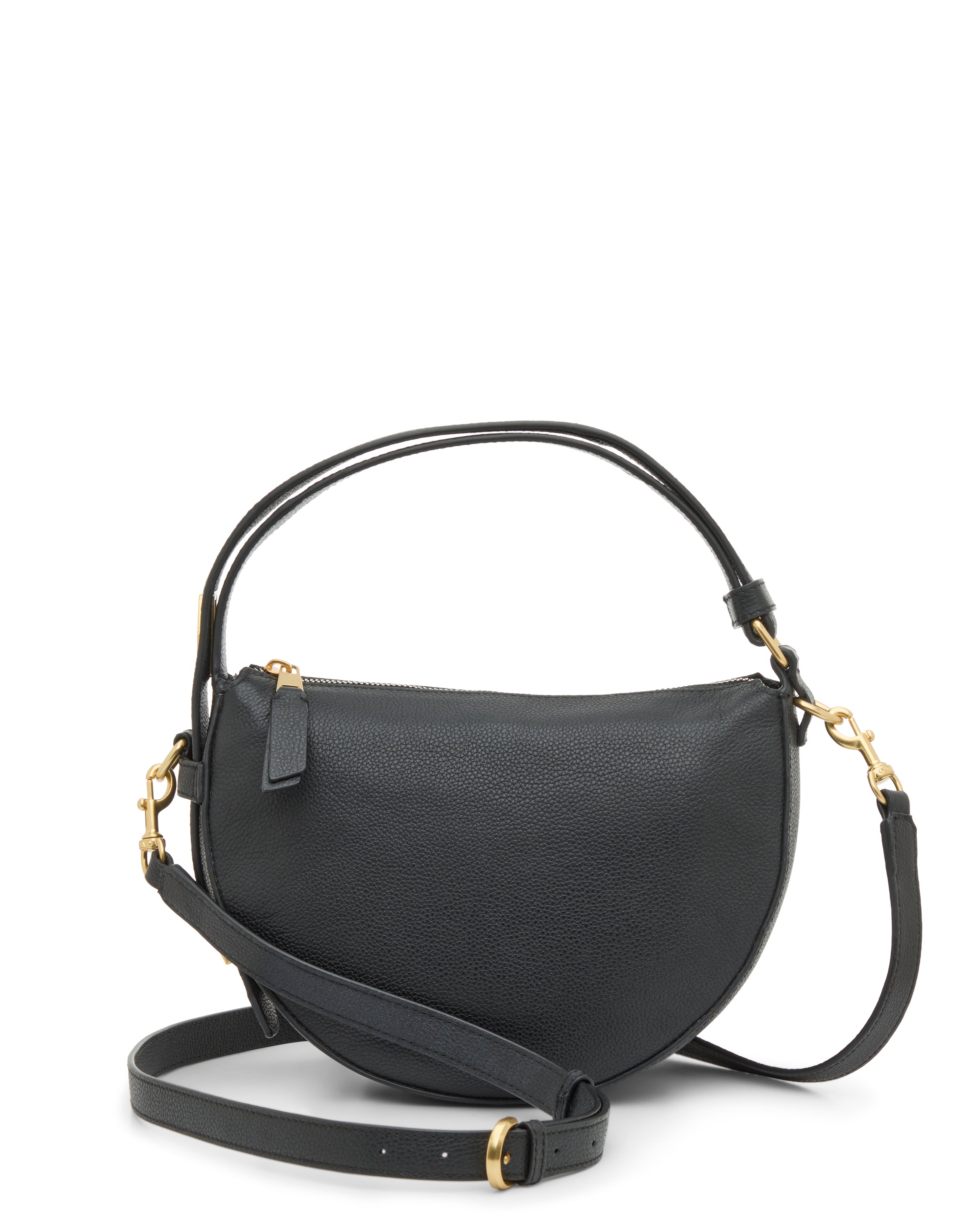 The Karla Crossbody Bag by Vince Camuto is a black leather half-moon shoulder bag with gold-tone hardware, a top zipper closure, and an adjustable buckle strap.
