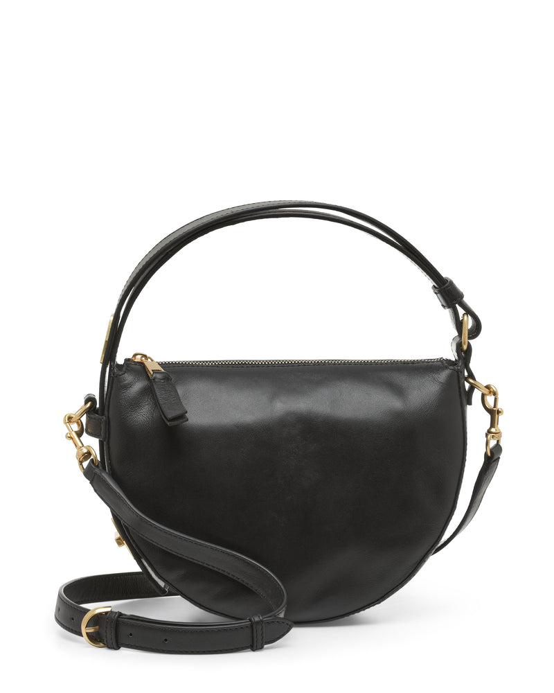 The Karla Crossbody Bag by Vince Camuto is crafted from black leather and showcases a chic half-moon silhouette with a curved bottom, accented by elegant gold hardware. It features a zippered top, a short handle, and a detachable long strap for versatile carrying options.