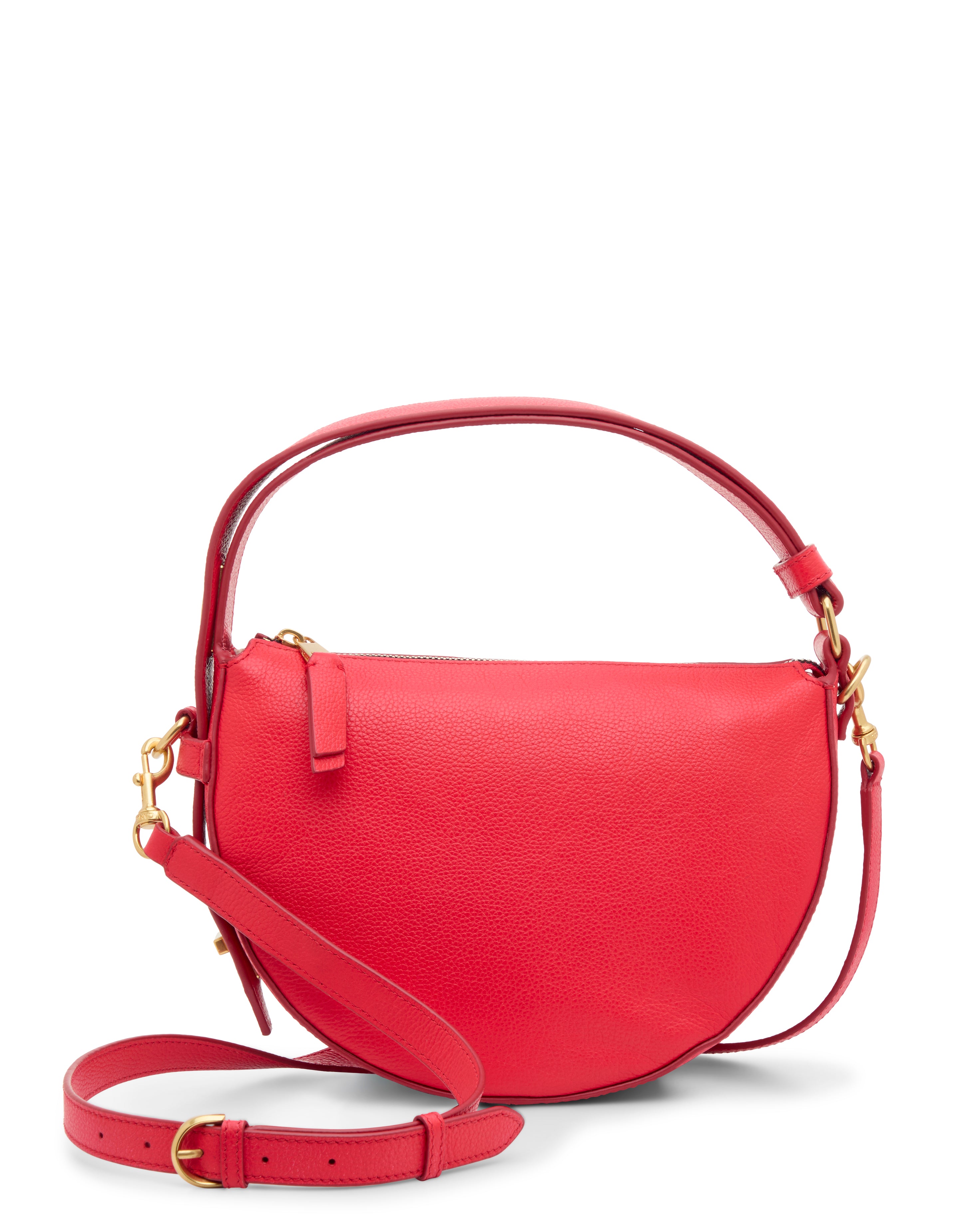 The Vince Camuto Karla Crossbody Bag is a bright red, half-moon leather handbag with gold hardware, a top handle, and an adjustable, detachable shoulder strap, shown against a white background.