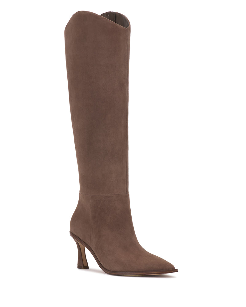 The Kenlea Narrow Calf Knee High Boot by Vince Camuto features taupe suede, a pointed toe, and a stiletto heel, shown against a white background.