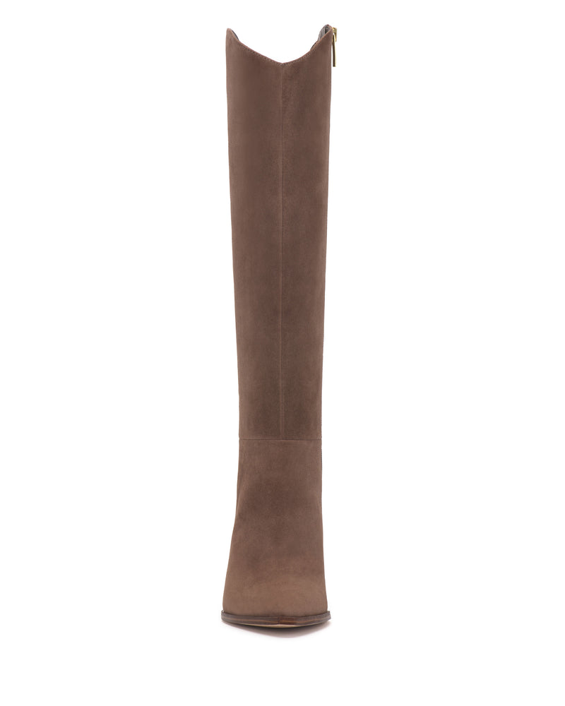 Front view of the Vince Camuto Kenlea Narrow Calf Knee High Boot in brown suede, featuring a pointed toe and a side zipper. The boot stands upright against a plain white background.