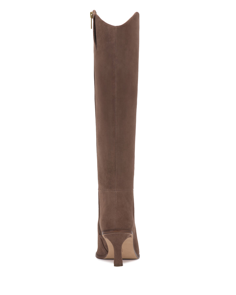 The Vince Camuto Kenlea Narrow Calf Knee High Boot is crafted from taupe suede and features a stiletto heel, gold zipper at the back, and a notched collar, shown from the rear on a white background.