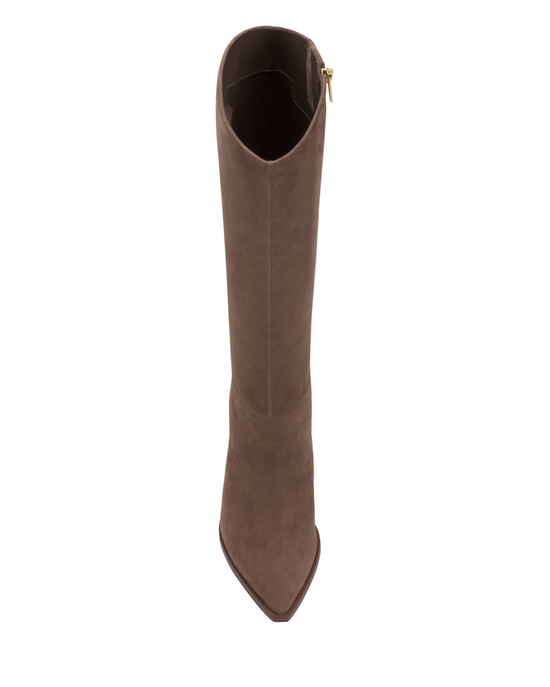 Kenlea Narrow Calf Knee High Boot by Vince Camuto in brown suede, featuring a pointed toe, gold zip closure, and slim silhouette, shown from the front against a white background.