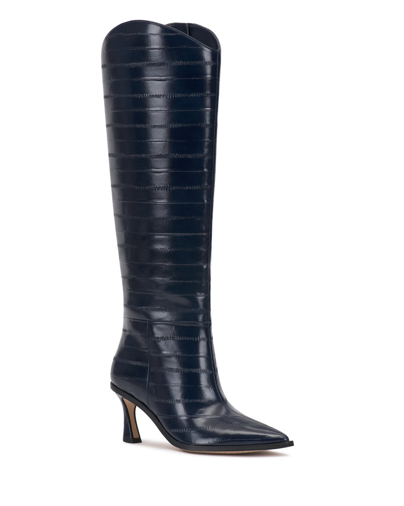 The Vince Camuto Kenlea Narrow Calf Knee High Boot features a tall, black silhouette with a pointed toe, a subtle horizontal leather pattern, and a sleek heel, shown from a slight angle against a white background.