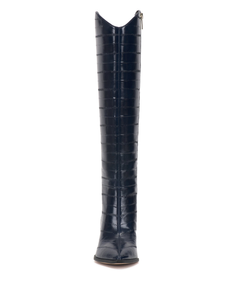 Front view of the Vince Camuto Kenlea Narrow Calf Knee High Boot in black leather, featuring a textured crocodile-style pattern and a slightly pointed toe.