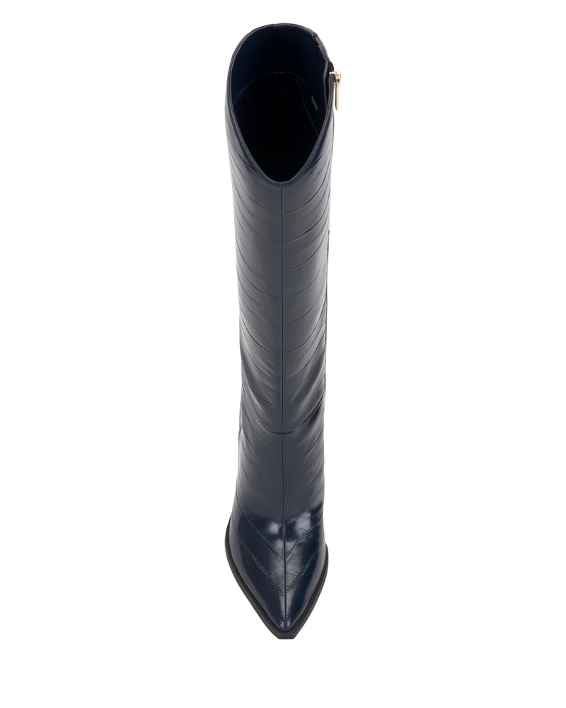 Top view of the Vince Camuto Kenlea Narrow Calf Knee High Boot in tall, navy blue leather with a pointed toe and a side zipper, photographed against a white background.