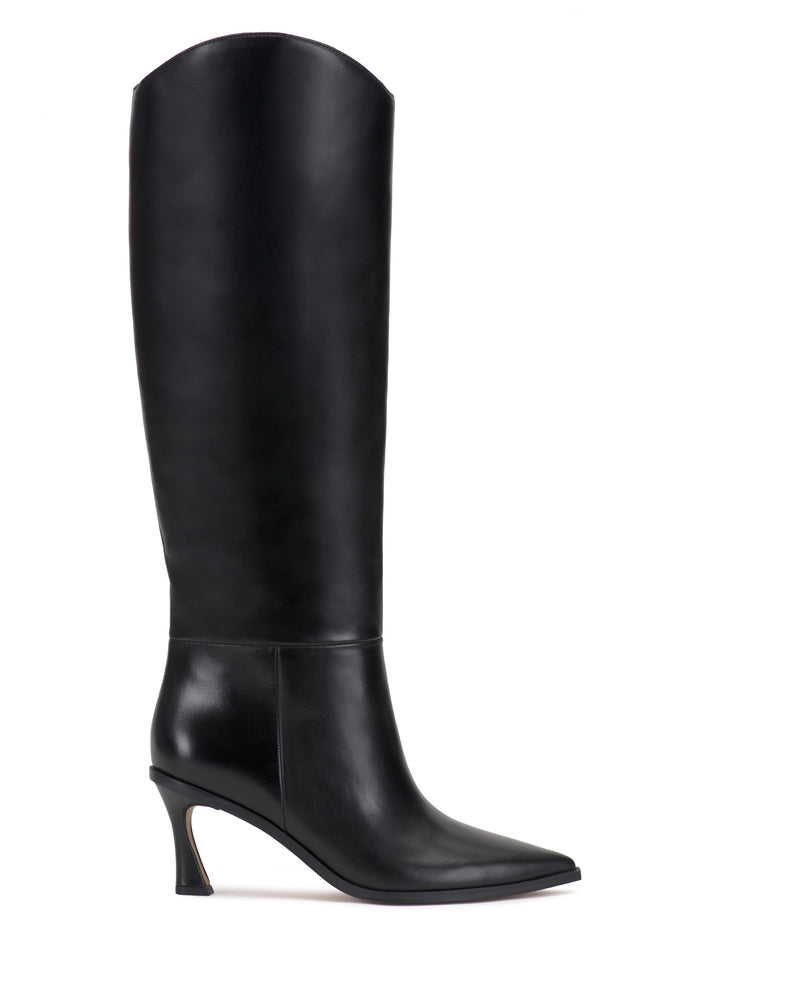 The Vince Camuto Kenlea Extra Wide Calf Knee High Boot is shown in profile on a white background; it features black leather, a pointed toe, and a curved high heel.