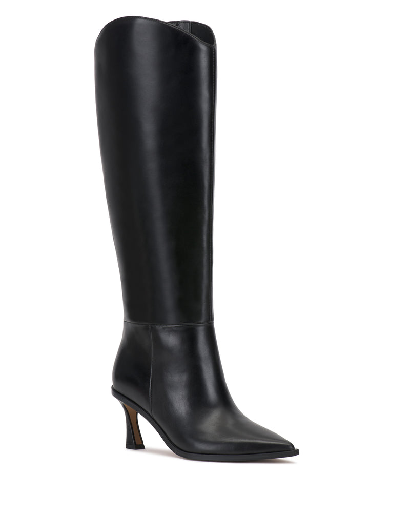 The Vince Camuto Kenlea Extra Wide Calf Knee High Boot is a black leather boot featuring a pointed toe and stiletto heel, shown on a white background.