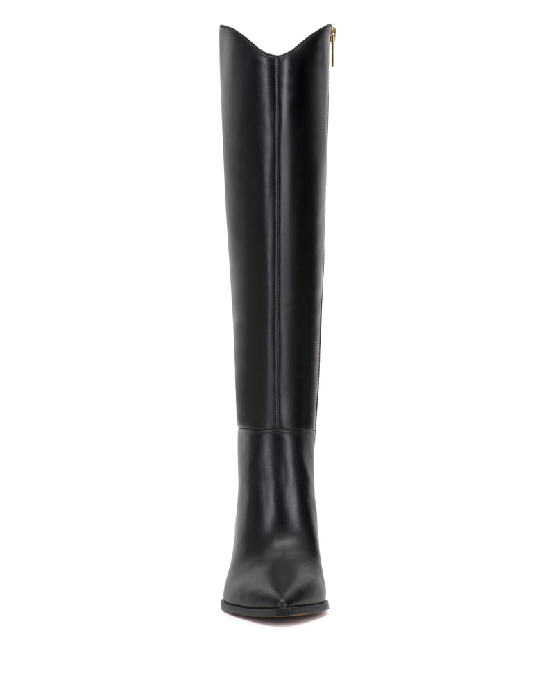 Front view of the Vince Camuto Kenlea Extra Wide Calf Knee High Boot, featuring a tall silhouette in black leather with a pointed toe, side zipper, sleek smooth finish, and a slightly curved top edge.