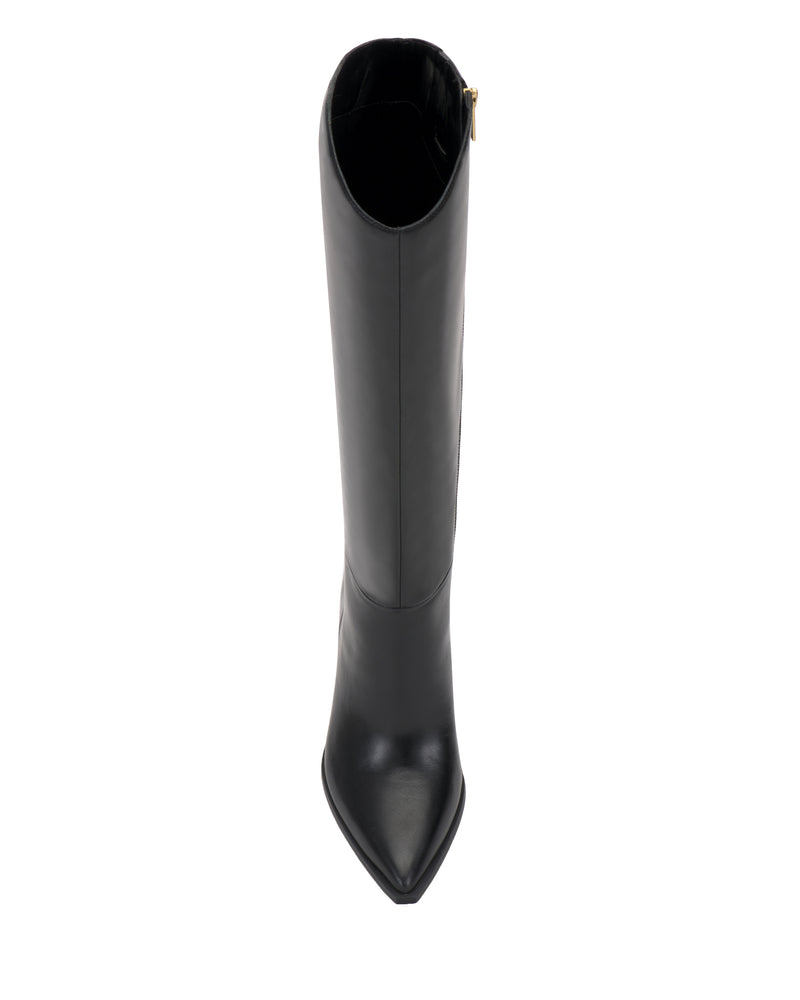 The Kenlea Knee High Boot by Vince Camuto features black leather, a pointed toe, a slim silhouette, and a gold zipper detail at the top. It is shown from the front against a white background.