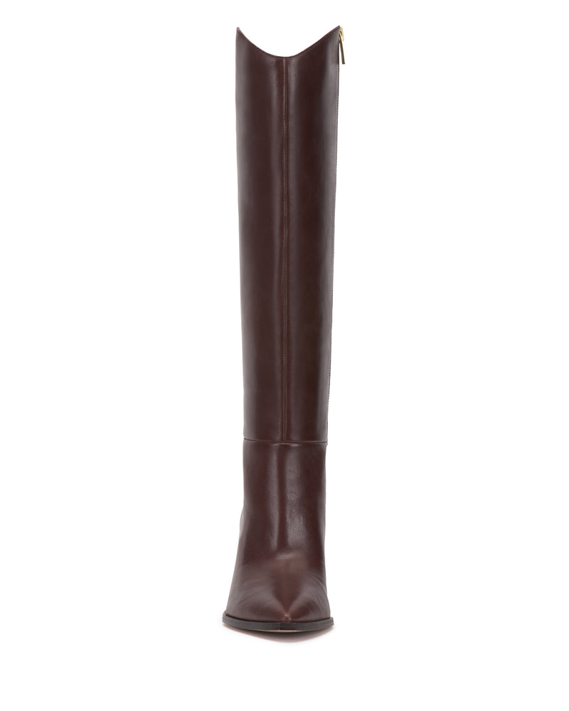 A single Kenlea Knee High Boot by Vince Camuto in tall, brown leather is shown standing upright, viewed from the front against a white background.