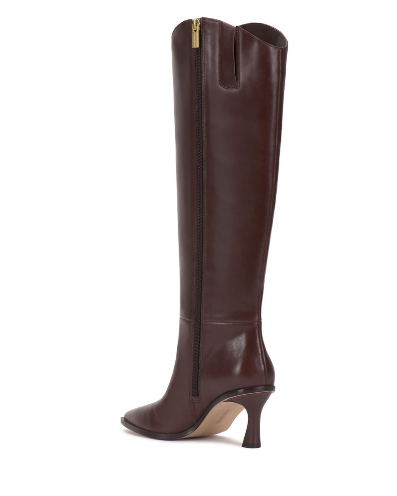 The Vince Camuto Kenlea Knee High Boot is a single brown leather boot featuring a side zipper and a medium high heel, displayed in profile against a white background.