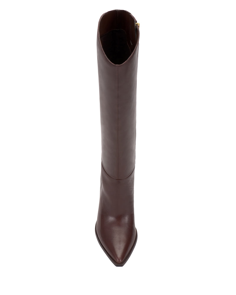 Top view of a single Kenlea Knee High Boot by Vince Camuto, featuring tall brown leather construction, a pointed toe, and a side zipper, photographed on a white background.