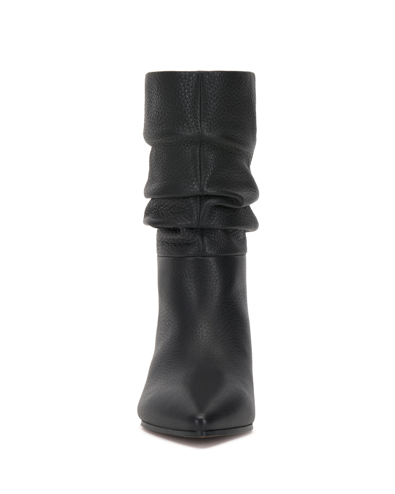 Front view of the Kuvania Bootie by Vince Camuto—a black, mid-calf, slouchy leather boot with a pointed toe and textured material—set against a plain white background.