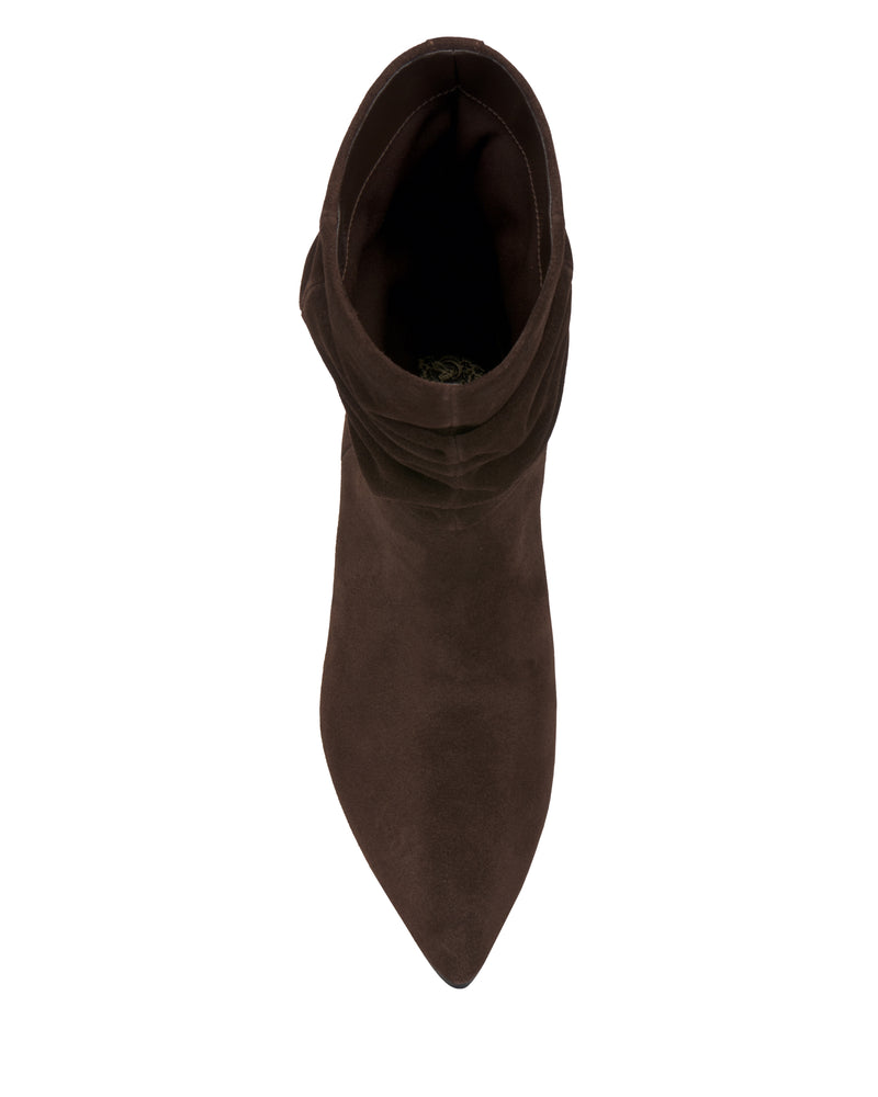 Top view of a single Kuvania Bootie by Vince Camuto in brown suede with a pointed toe, displayed on a white background.