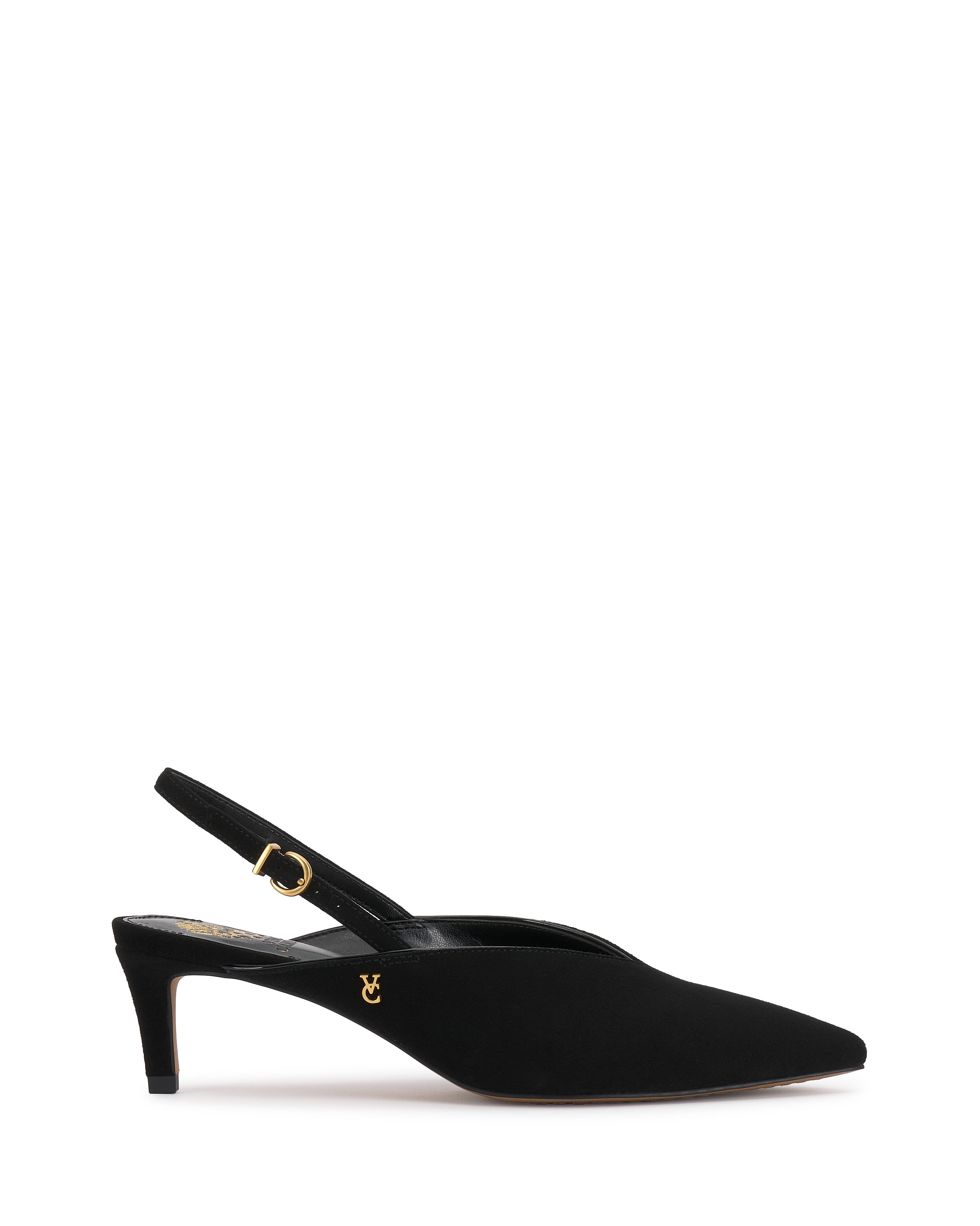 The Vince Camuto Kylien Kitten Heel Pump is a black pointed-toe slingback with a low kitten heel, gold buckle strap, and a small gold emblem accent near the outer heel.