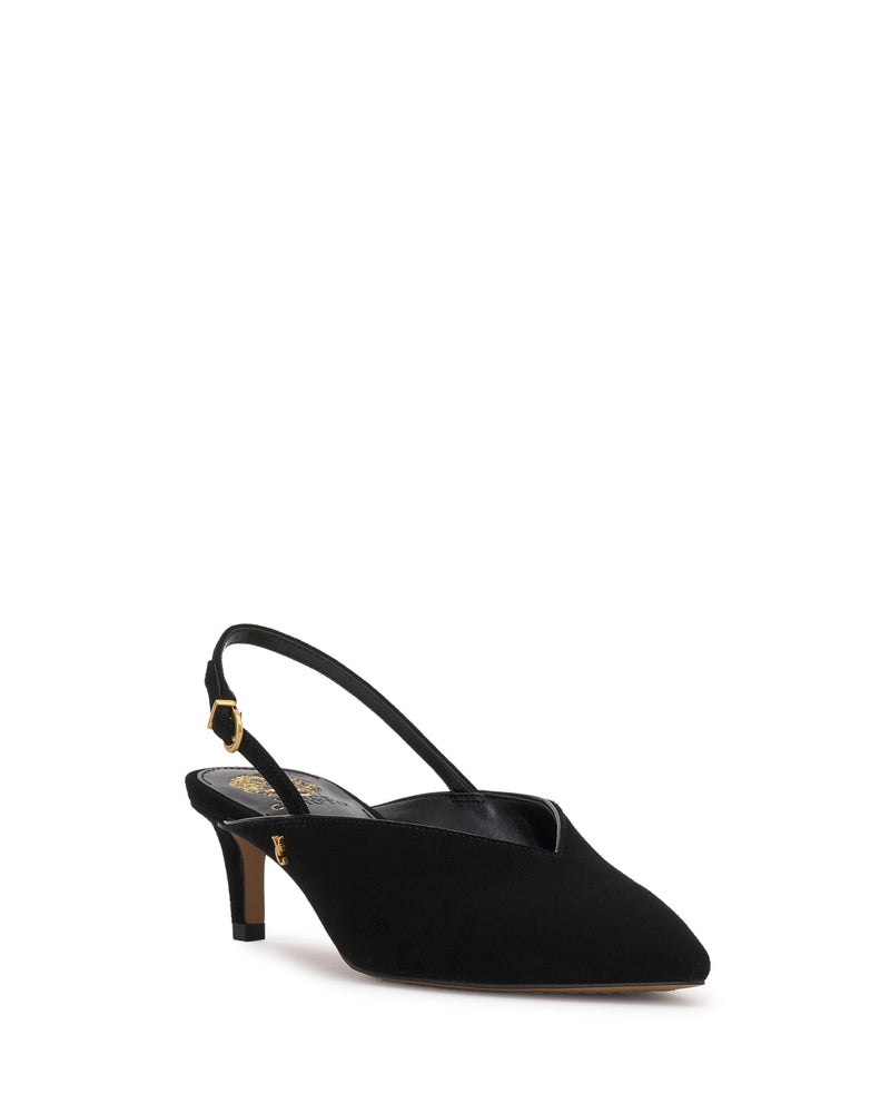 The Vince Camuto Kylien Kitten Heel Pump is a black suede slingback with a pointed toe, low kitten heel, gold buckle on the ankle strap, and a subtle gold accent near the heel.