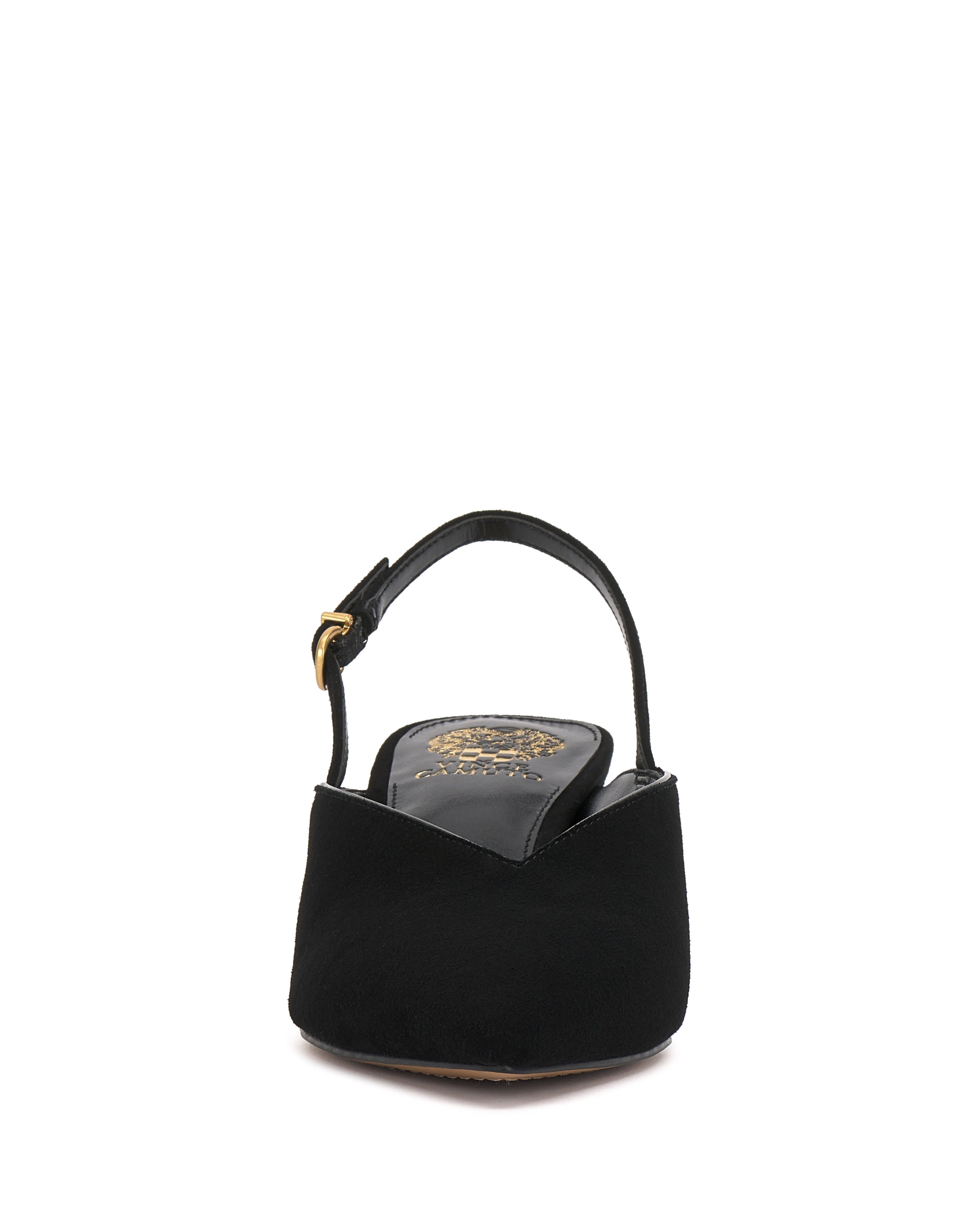 Front view of the Vince Camuto Kylien Kitten Heel Pump in black, featuring a pointed toe, adjustable ankle strap with gold buckle, gold logo insole detail, and an elegant kitten heel.