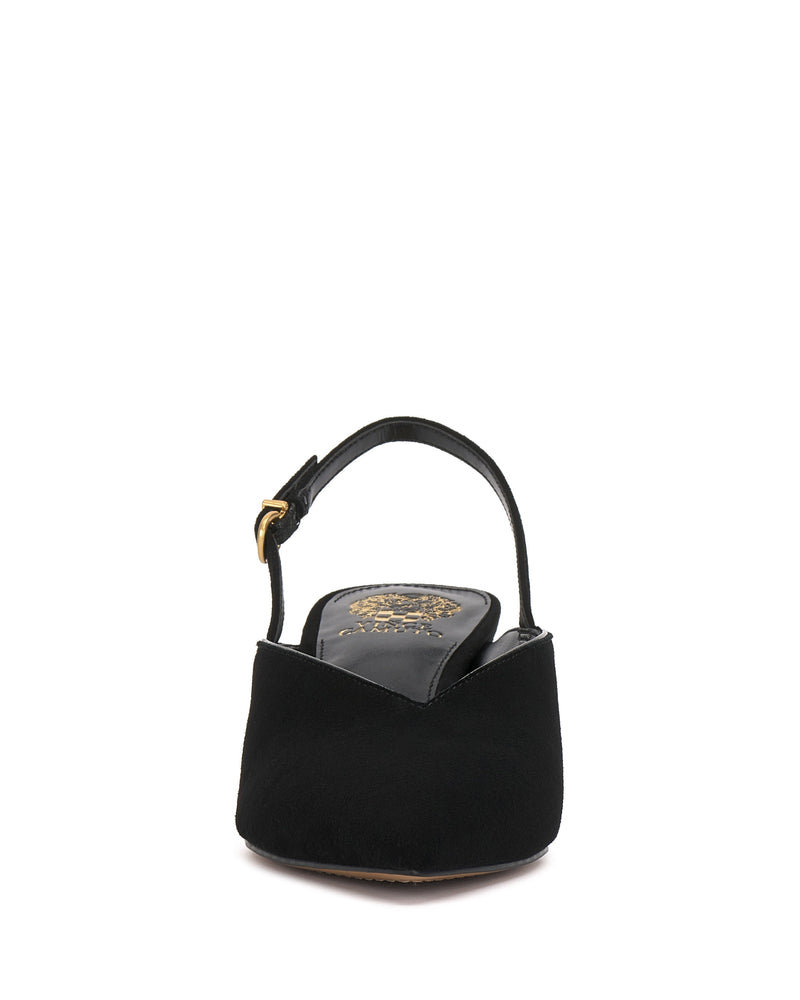 Front view of the Vince Camuto Kylien Kitten Heel Pump in black, featuring a pointed toe, adjustable ankle strap with gold buckle, gold logo insole detail, and an elegant kitten heel.
