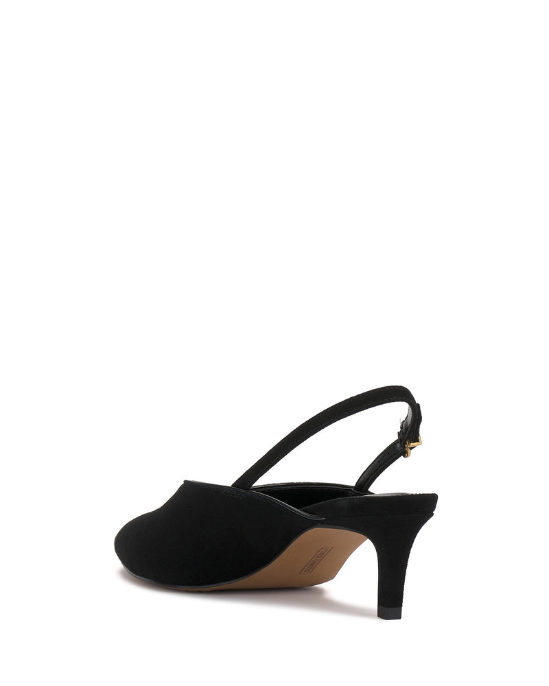 The Vince Camuto Kylien Kitten Heel Pump is a black slingback with a closed, pointed toe and low kitten heel, pictured from the back side against a plain white background.