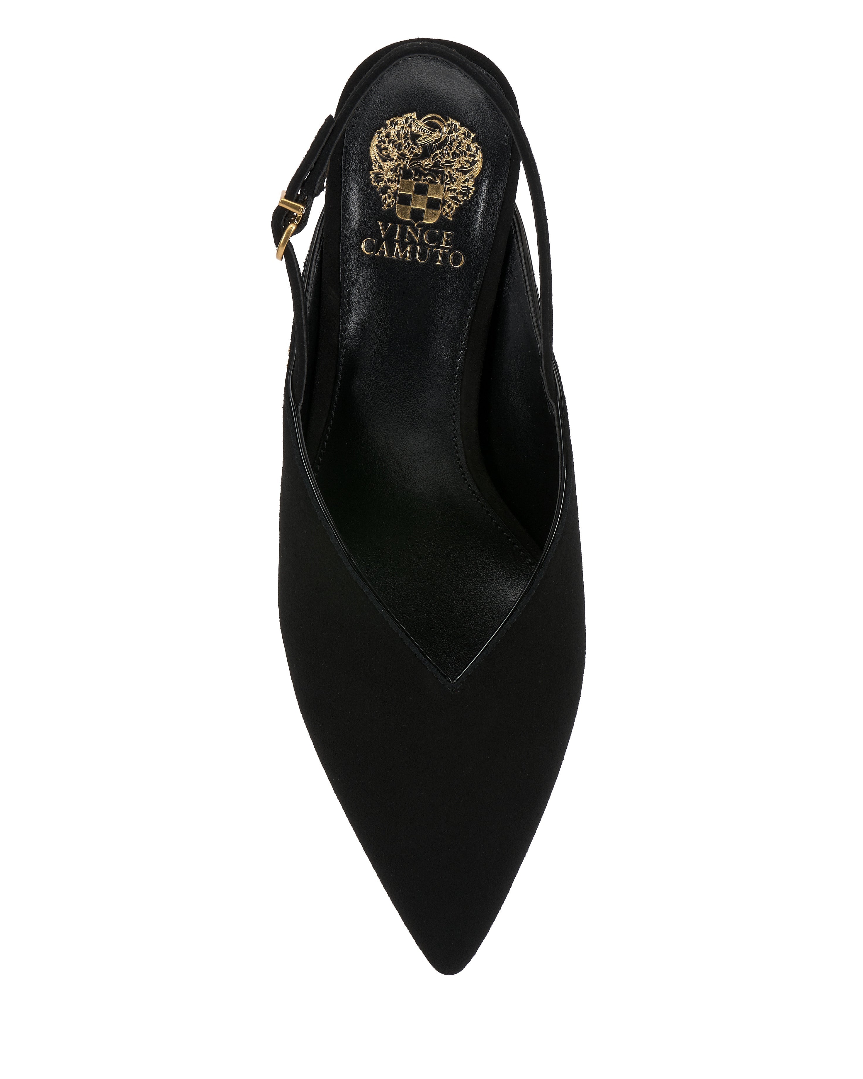 A top view of the Kylien Kitten Heel Pump by Vince Camuto, a black pointed-toe slingback with a gold buckle, kitten heel, and gold Vince Camuto logo on the insole.