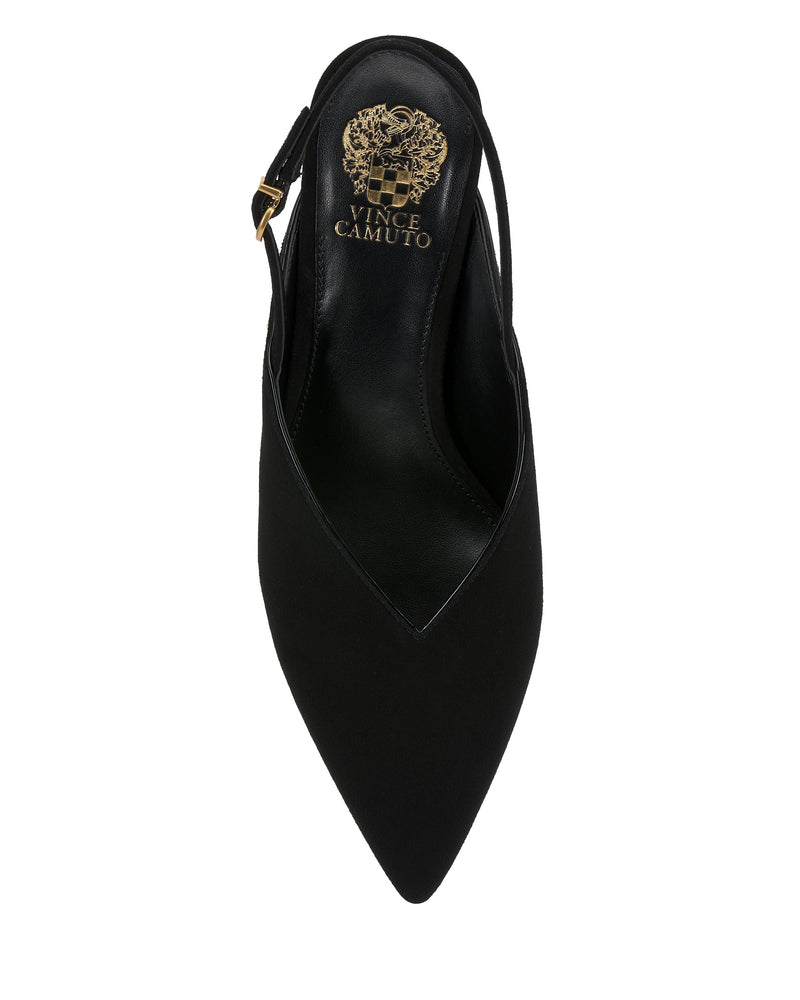 A top view of the Kylien Kitten Heel Pump by Vince Camuto, a black pointed-toe slingback with a gold buckle, kitten heel, and gold Vince Camuto logo on the insole.