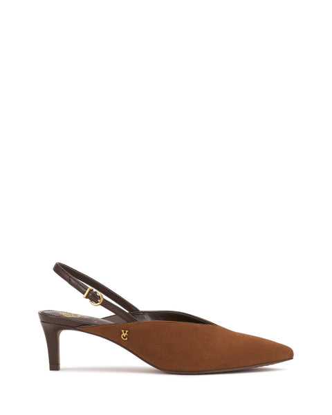 The Vince Camuto Kylien Kitten Heel Pump is a brown suede slingback with a pointed toe, dark brown strap, gold buckle, and a small gold emblem by the heel. Displayed on a plain white background.