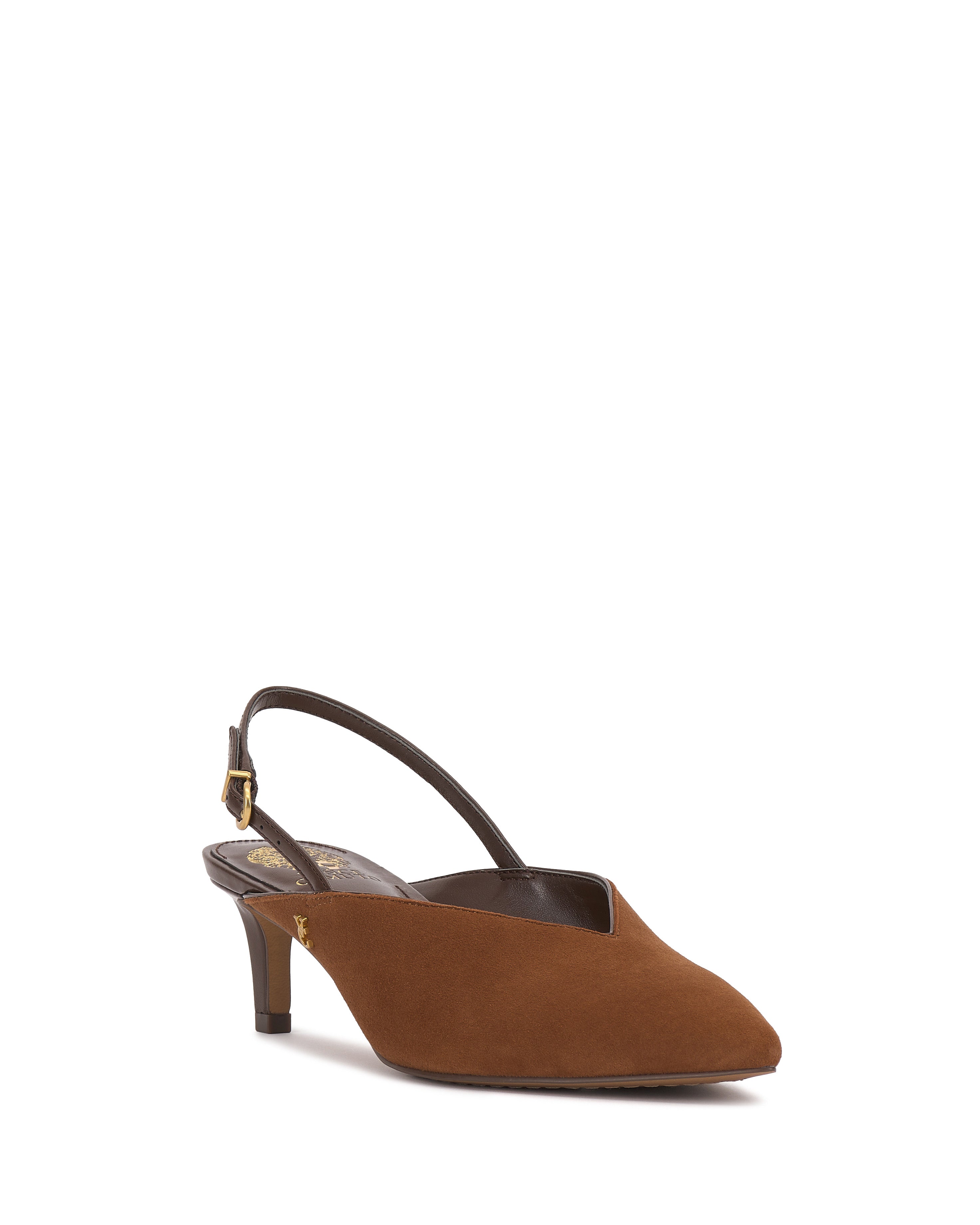 The Vince Camuto Kylien Kitten Heel Pump is a brown suede slingback with a pointed toe, low kitten heel, thin adjustable strap with gold buckle, and a floral-patterned insole.