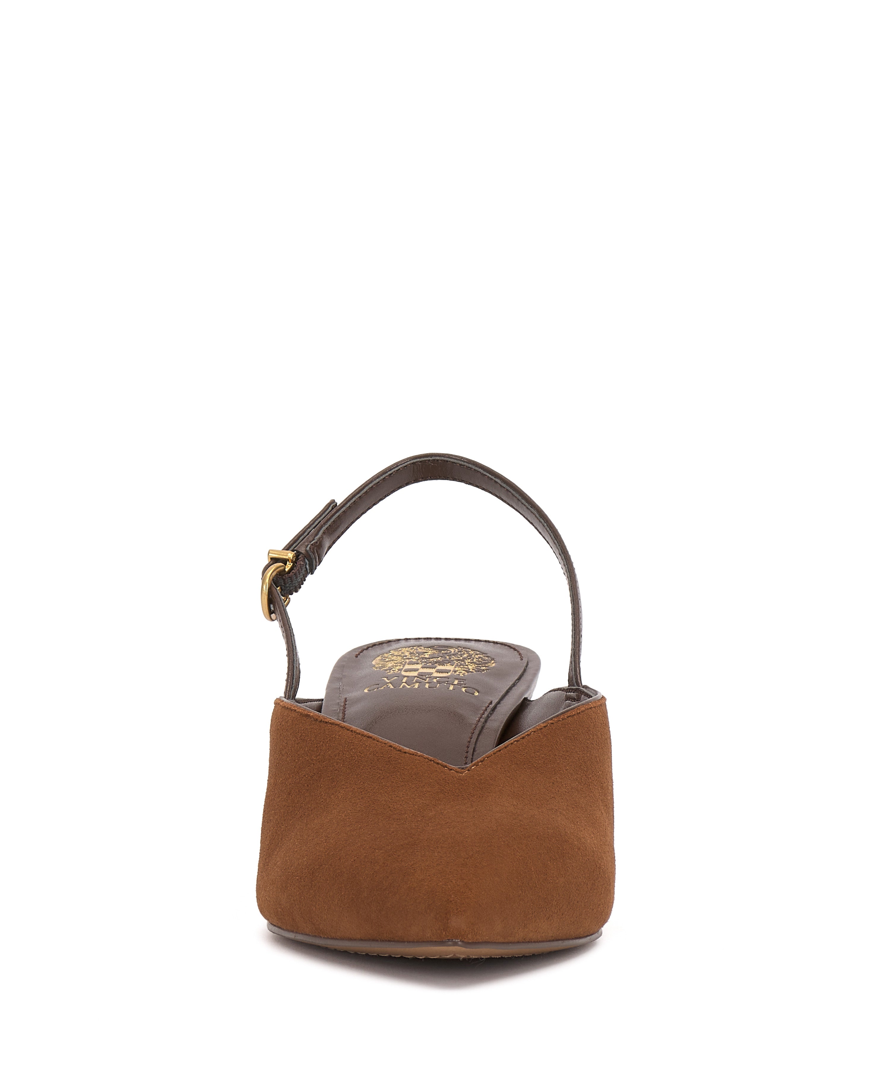 Front view of the Vince Camuto Kylien Kitten Heel Pump in brown suede, featuring a dark sole, gold emblem on the insole, and an adjustable ankle strap with a gold buckle.
