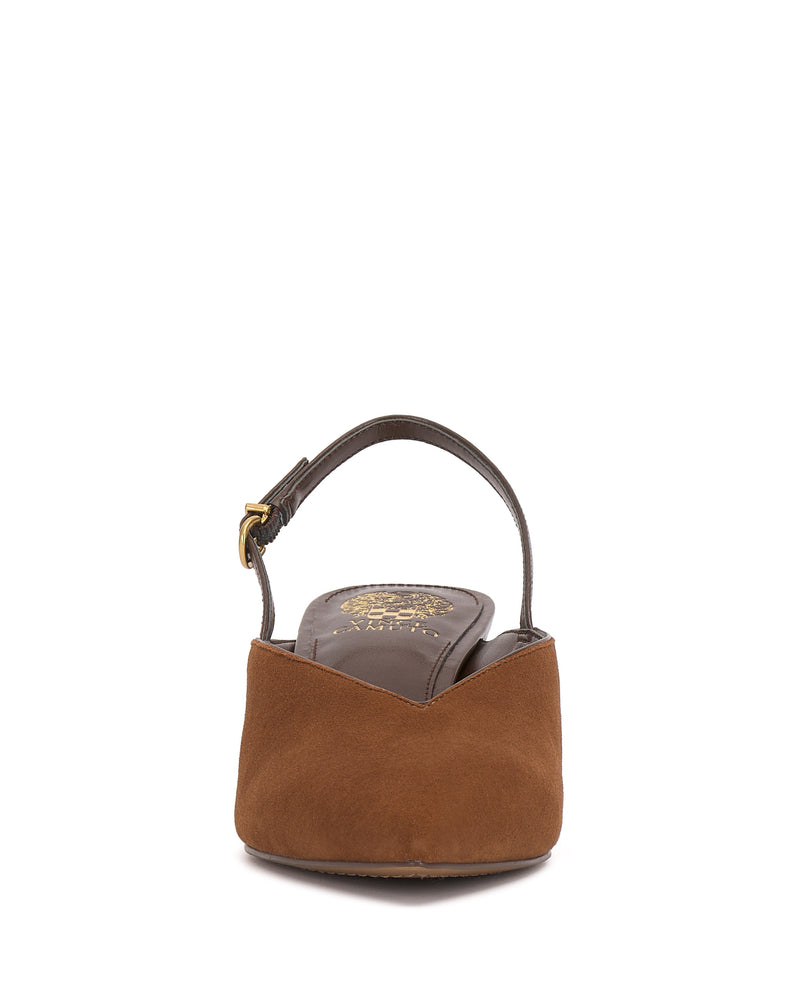 Front view of the Vince Camuto Kylien Kitten Heel Pump in brown suede, featuring a dark sole, gold emblem on the insole, and an adjustable ankle strap with a gold buckle.