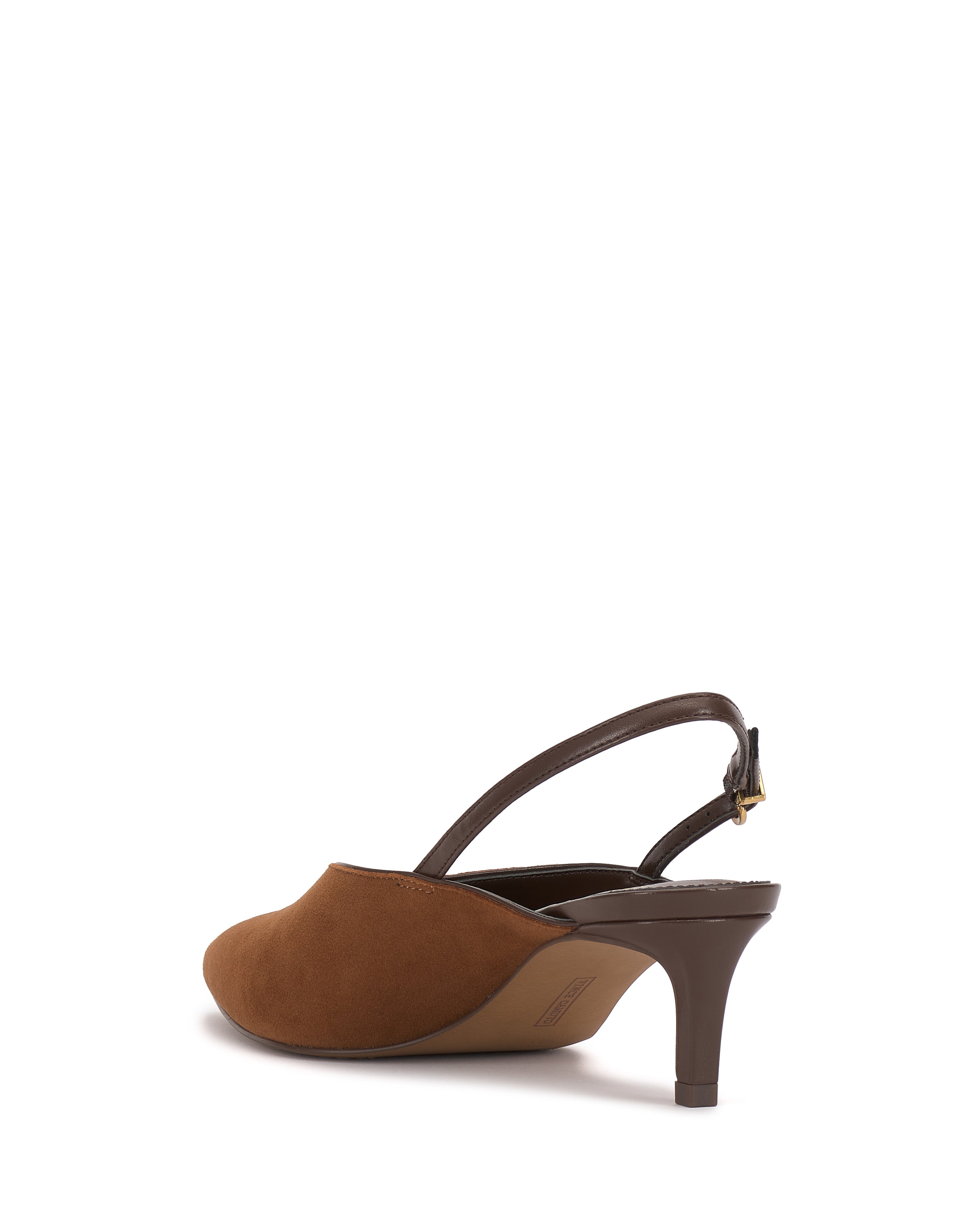The Vince Camuto Kylien Kitten Heel Pump is a brown suede slingback with a pointed toe, dark brown strap, and small buckle. This stylish shoe features a mid-height heel and is shown on a plain white background.