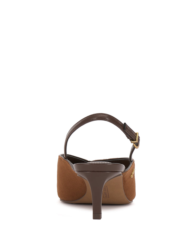 Rear view of the Vince Camuto Kylien Kitten Heel Pump in brown suede, featuring a closed heel, thin adjustable ankle strap, and medium-height tapered kitten heel. Photographed against a white background.