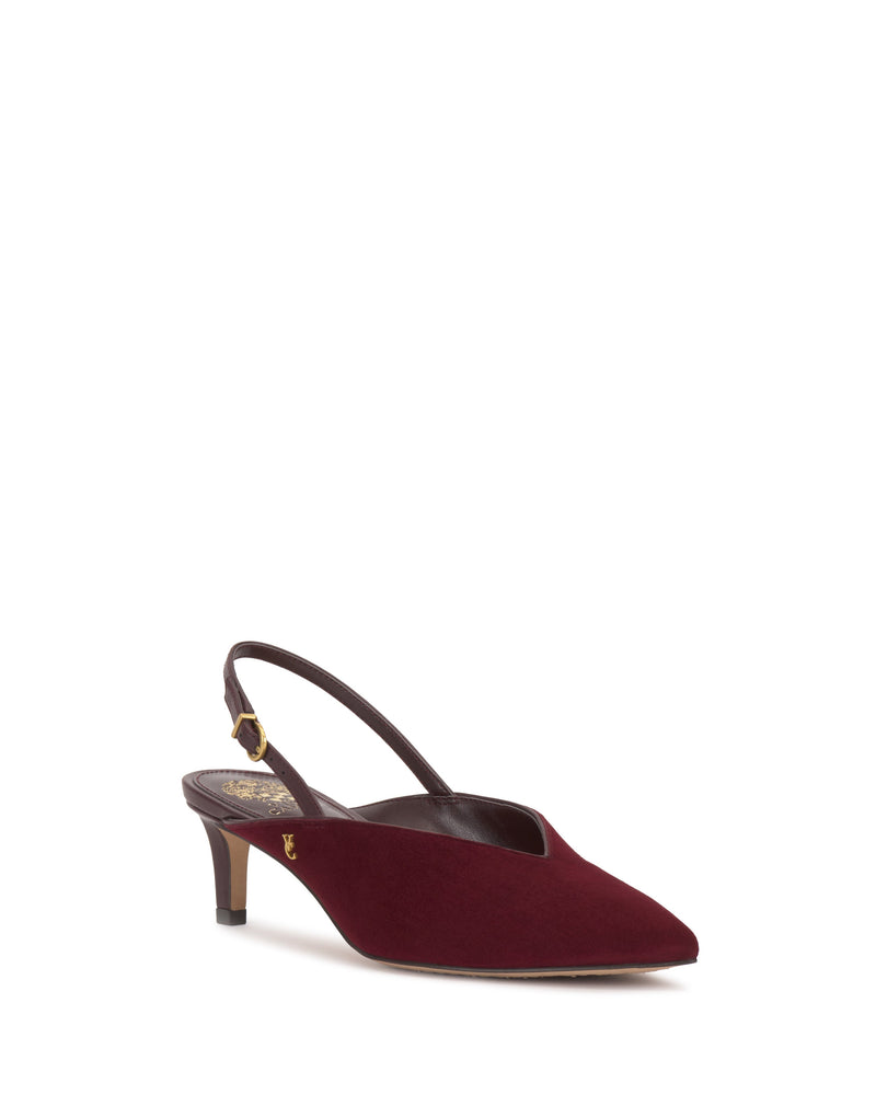 Introducing the Vince Camuto Kylien Kitten Heel Pump, a burgundy suede slingback featuring a pointed toe, slender low kitten heel, and a delicate ankle strap accented with a small gold buckle.
