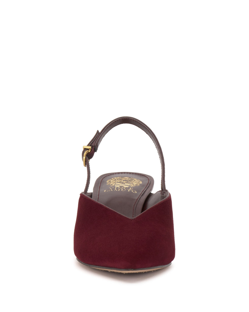 A front view of the Vince Camuto Kylien Kitten Heel Pump, a maroon women’s slingback with a pointed toe, gold buckle, and gold logo on the insole, against a white background.