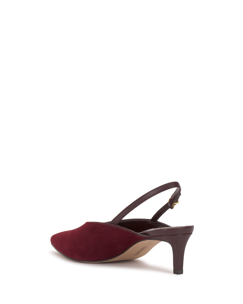The Vince Camuto Kylien Kitten Heel Pump is a single maroon suede slingback with a pointed toe and a slender dark brown kitten heel, displayed at an angle against a plain white background.
