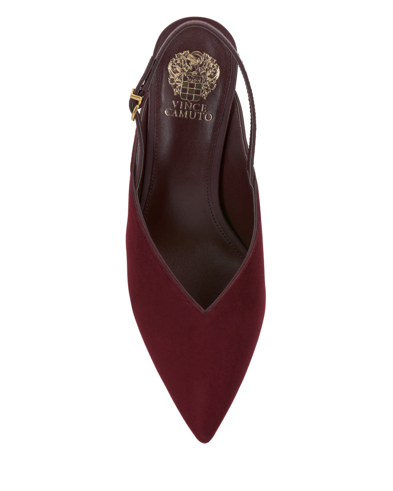 Top view of the Kylien Kitten Heel Pump by Vince Camuto, showcasing a burgundy suede slingback design with a pointed toe, a gold Vince Camuto logo on the insole, and a small buckle on the ankle strap.