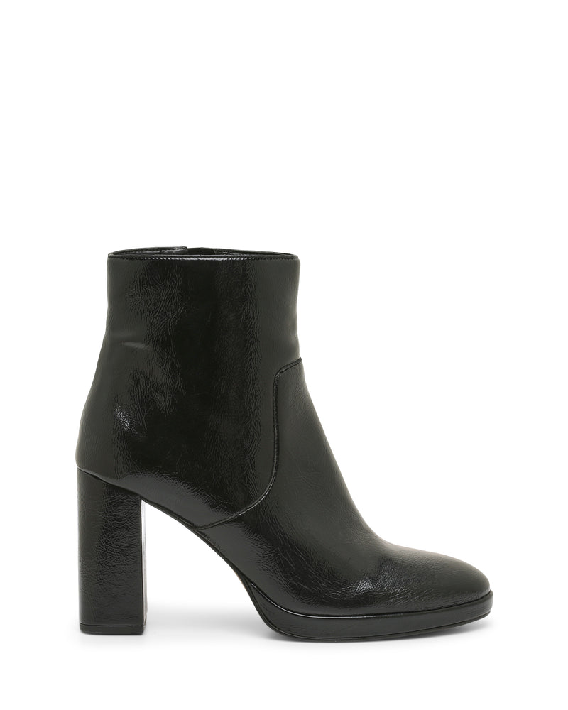 The Laylei Bootie by Vince Camuto is a black, shiny ankle-high bootie featuring a high block heel and rounded toe, shown from the side against a white background.