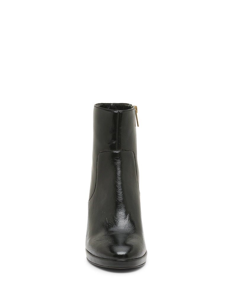 Front view of the Laylei Bootie by Vince Camuto, a black, shiny leather ankle-high bootie with a rounded toe and a side zipper visible on the right. The sleek silhouette is centered against a plain white background.