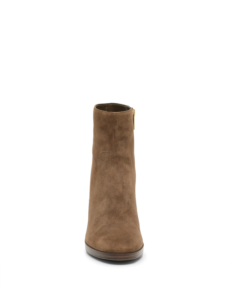 Front view of the Laylei Bootie by Vince Camuto, an ankle-high bootie in brown suede featuring a rounded toe and a short heel, photographed against a plain white background.