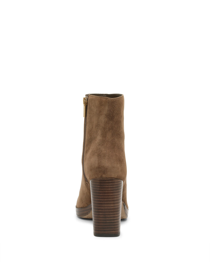 Back view of the Laylei Bootie by Vince Camuto in brown suede, highlighting its stacked block heel and side zipper, displayed against a white background.