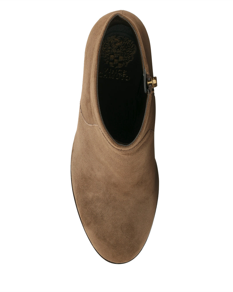 Top view of a single Laylei Bootie by Vince Camuto in tan suede, featuring an ankle-high silhouette, rounded toe, and visible side zipper, displayed on a white background.