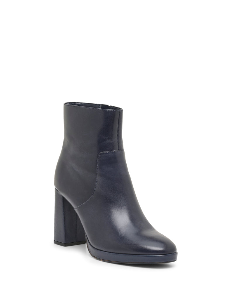 The Laylei Bootie by Vince Camuto, crafted in black leather, features a high block heel and a subtle platform sole, displayed against a white background.