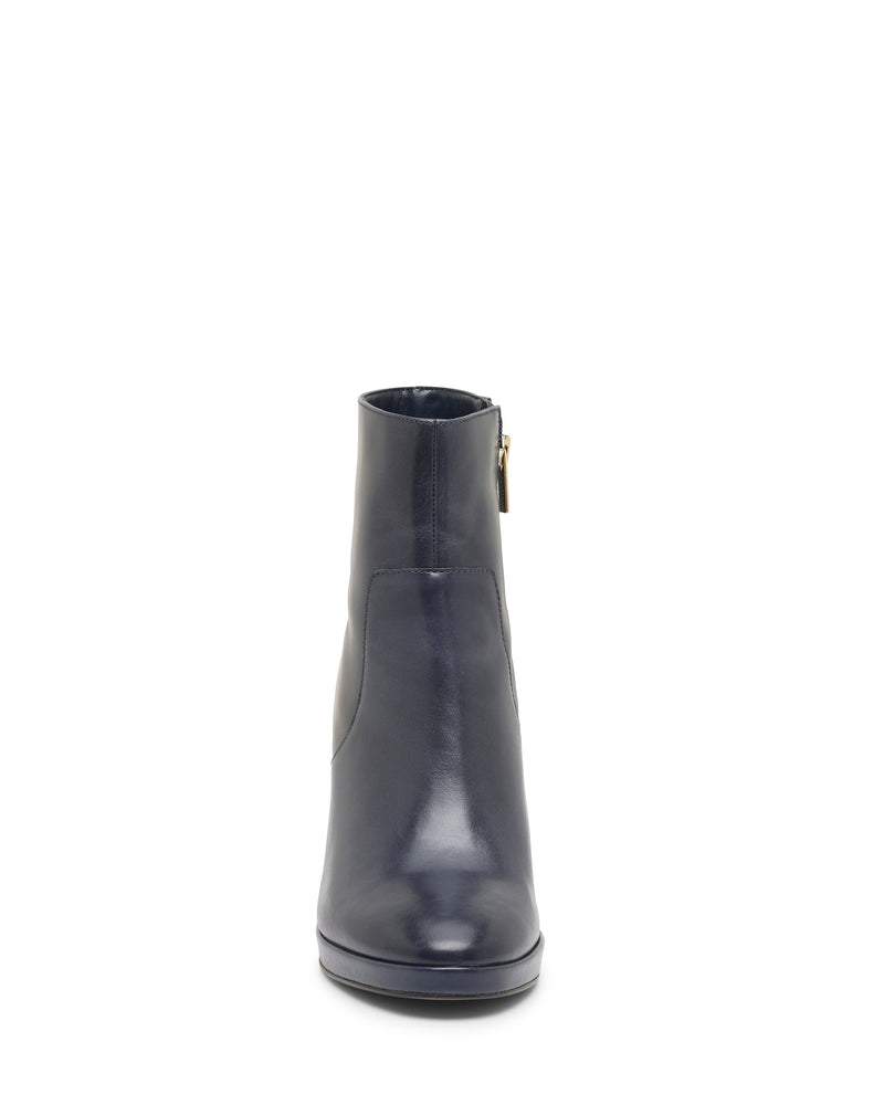 Front view of a single Vince Camuto Laylei Bootie in dark navy leather, featuring a block heel and side zipper, photographed against a white background.